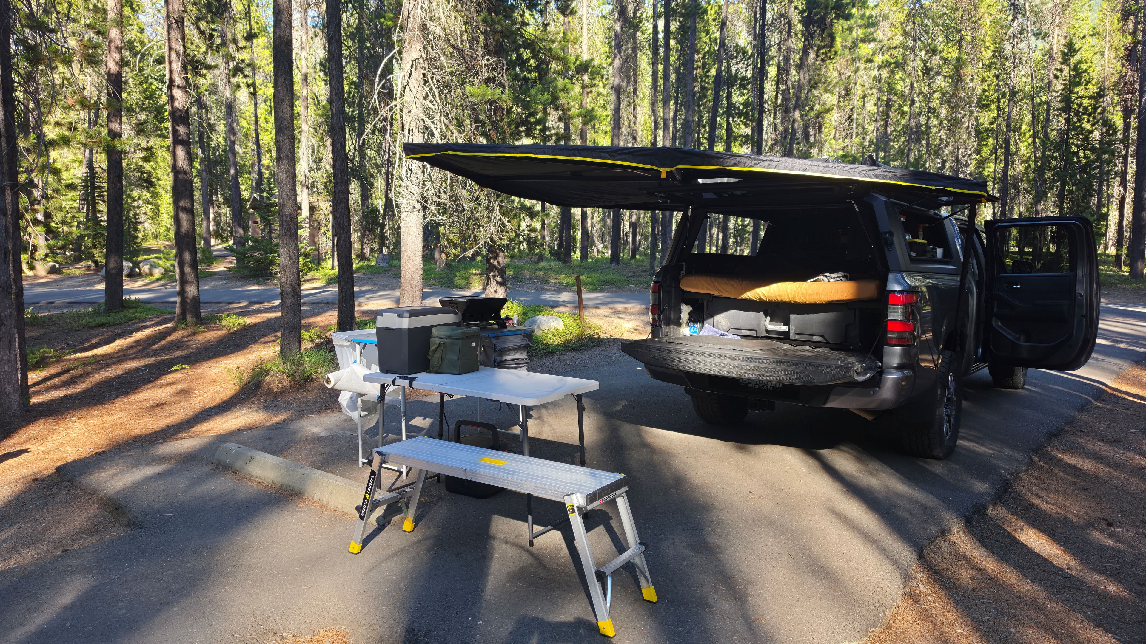 Van camping setup forest campsite