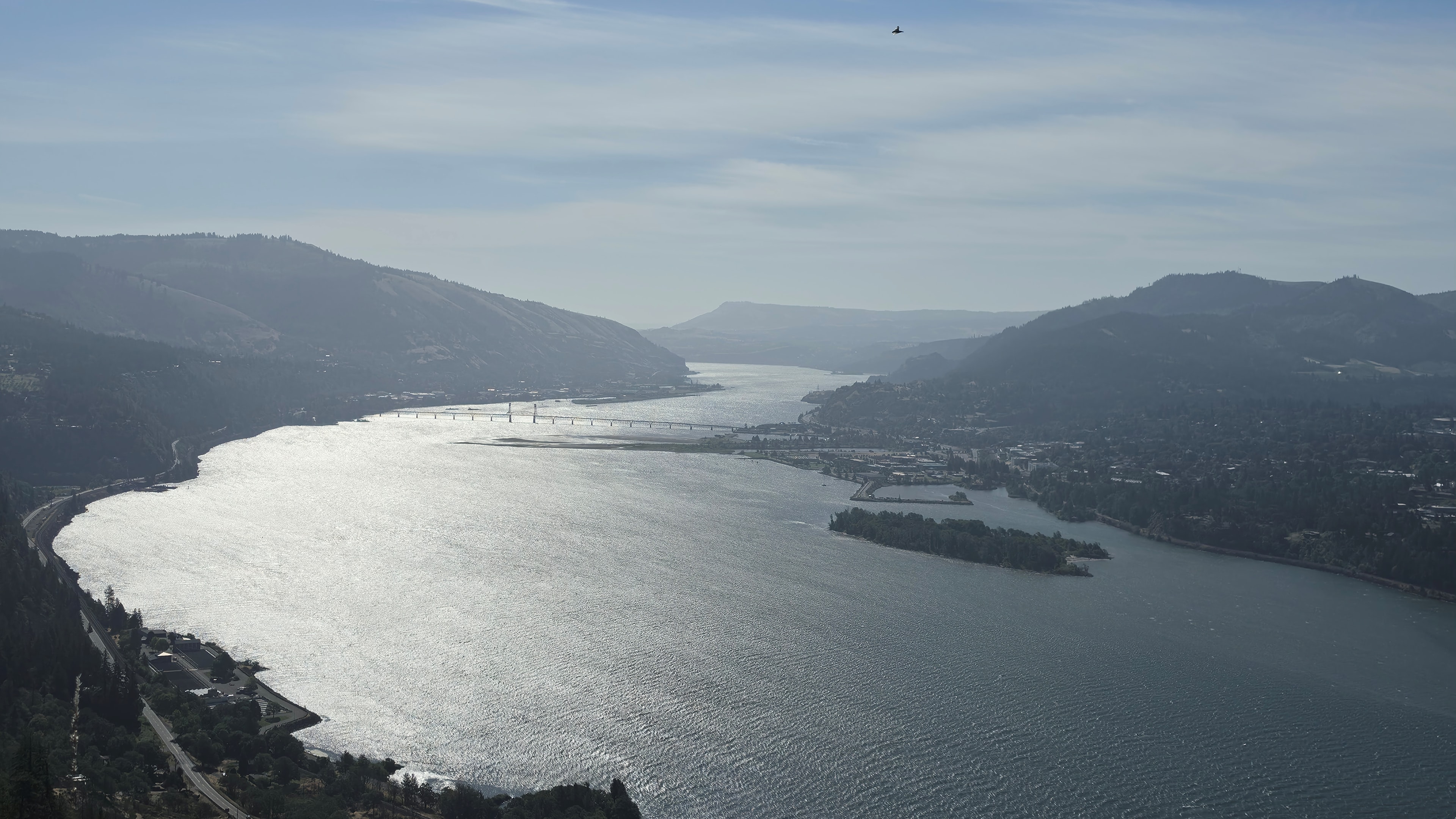 Columbia River Gorge aerial view with bridge and mountains